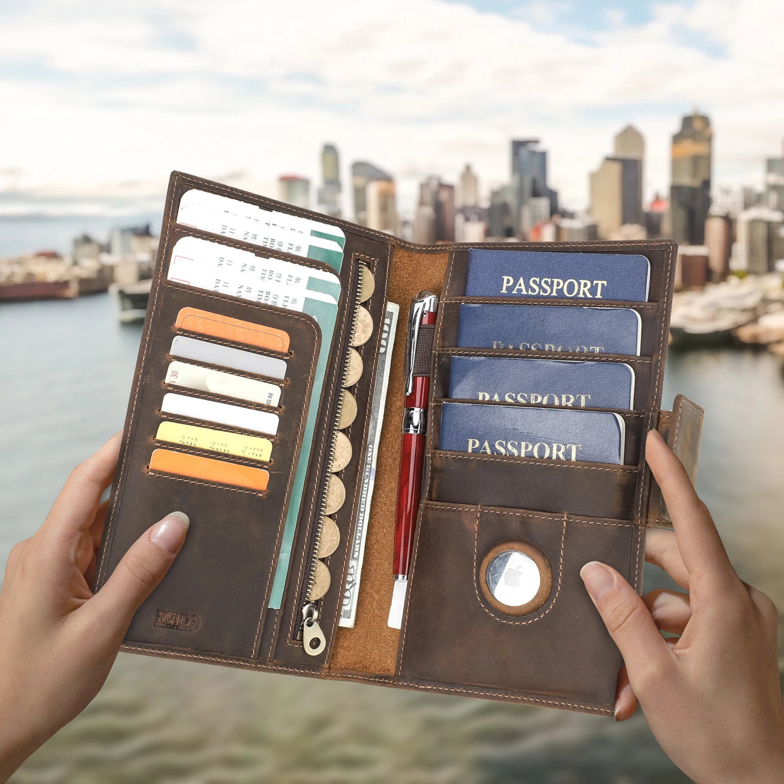 CONTACT'S Genuine Leather Family Passport Clutch Wallets RFID Card Holder AirTag Slot Passport Cover Families Travel Bag Handbag